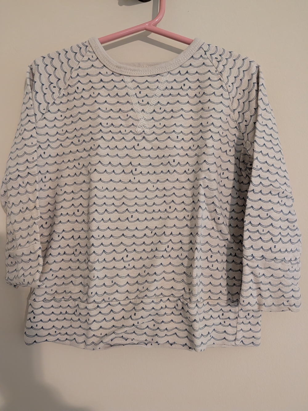 Children's White Long-Sleeve Top with Blue Wave Pattern